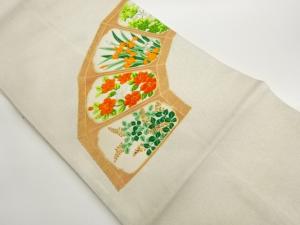 変わり地紙に草花模様織出し名古屋帯